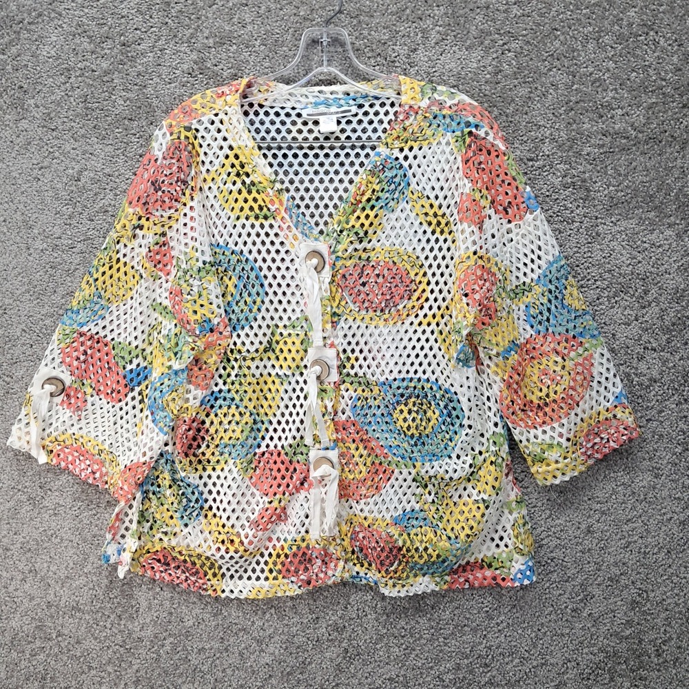Mirror Image Womens Mesh Open Knit Cardigan Top Abstract Print Multi Color L